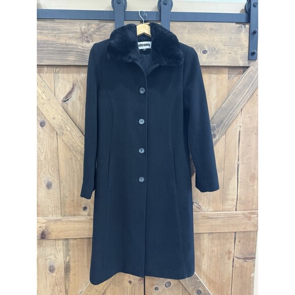 Kristen Blake Black Trench Coat Women's Sz 10 Wool Cashmere & Rabbit Fur Collar - Picture 2 of 6